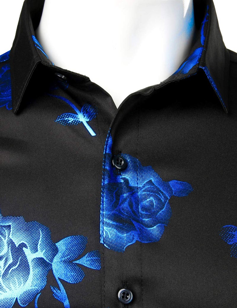 ZEROYAA Mens Hipster 3D Rose Deign Slim Fit Long Sleeve Button Up Dress Shirts ZZCL22 Black Royal Blue X-Large - Image 3